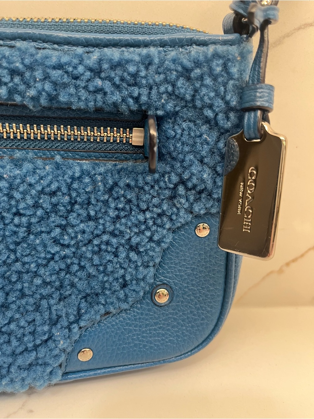 Coach Blue Shearling & Pebbled Leather Crossbody Bag - Picture 5 of 11